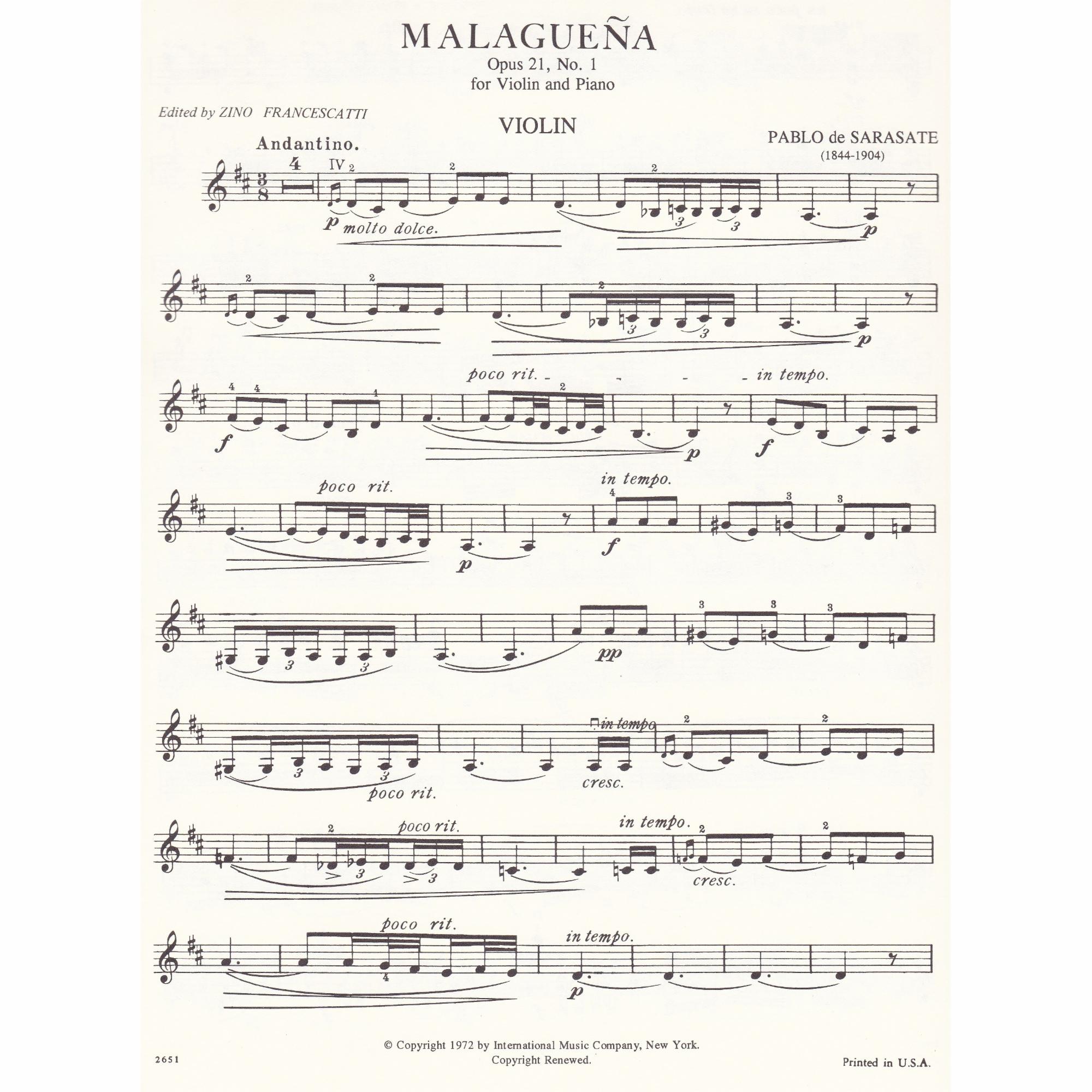 Sarasate -- Malaguena, Op. 21, No. 1 for Violin and Piano