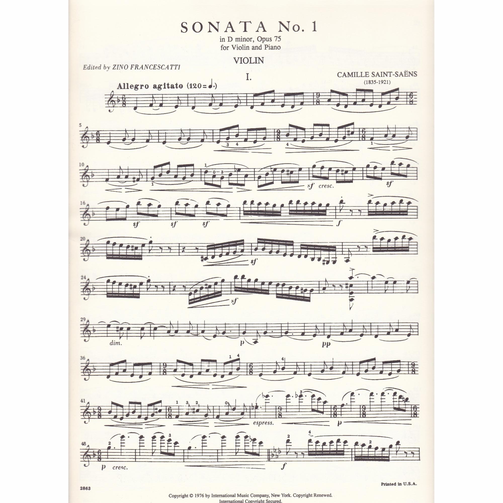 Saint-Saens -- Sonata No. 1 in D Minor, Op. 75 for Violin and Piano