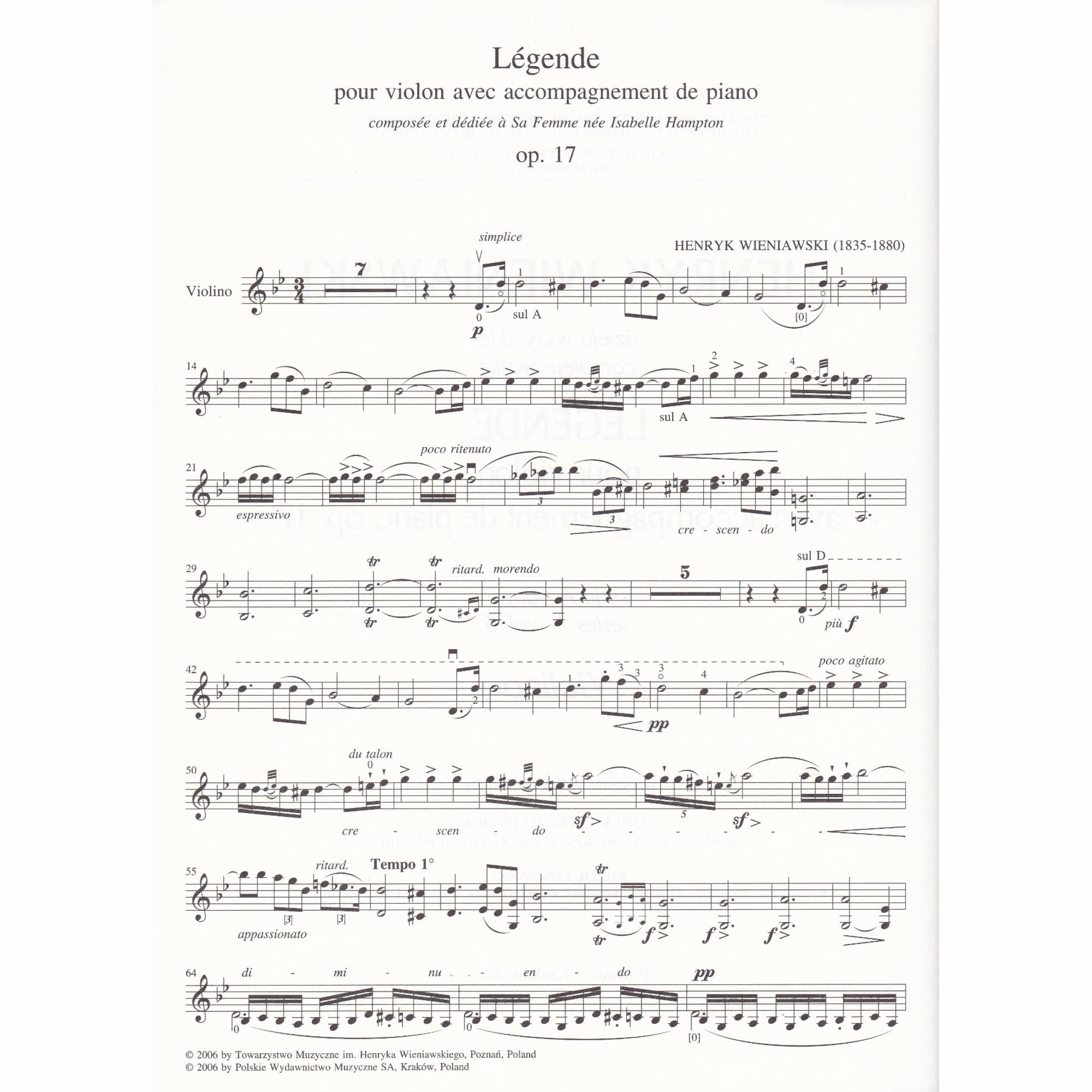 Legende in G Minor for Violin and Piano, Op. 17