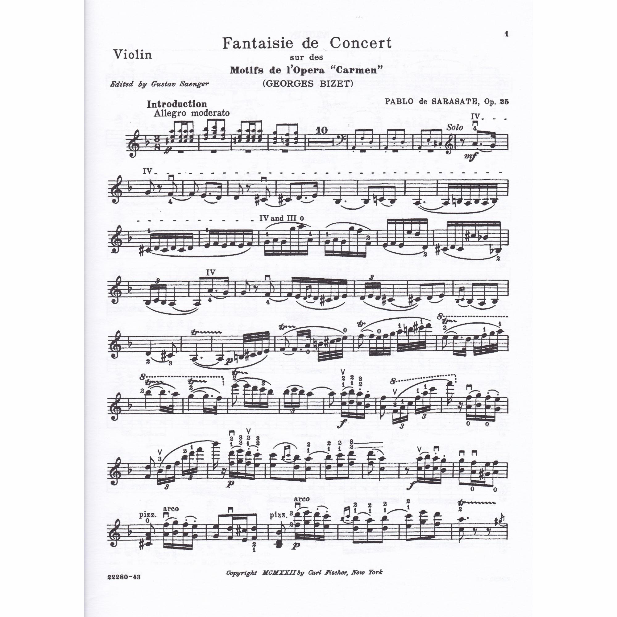 Sarasate -- Carmen Fantasy, Op. 25 for Violin and Piano