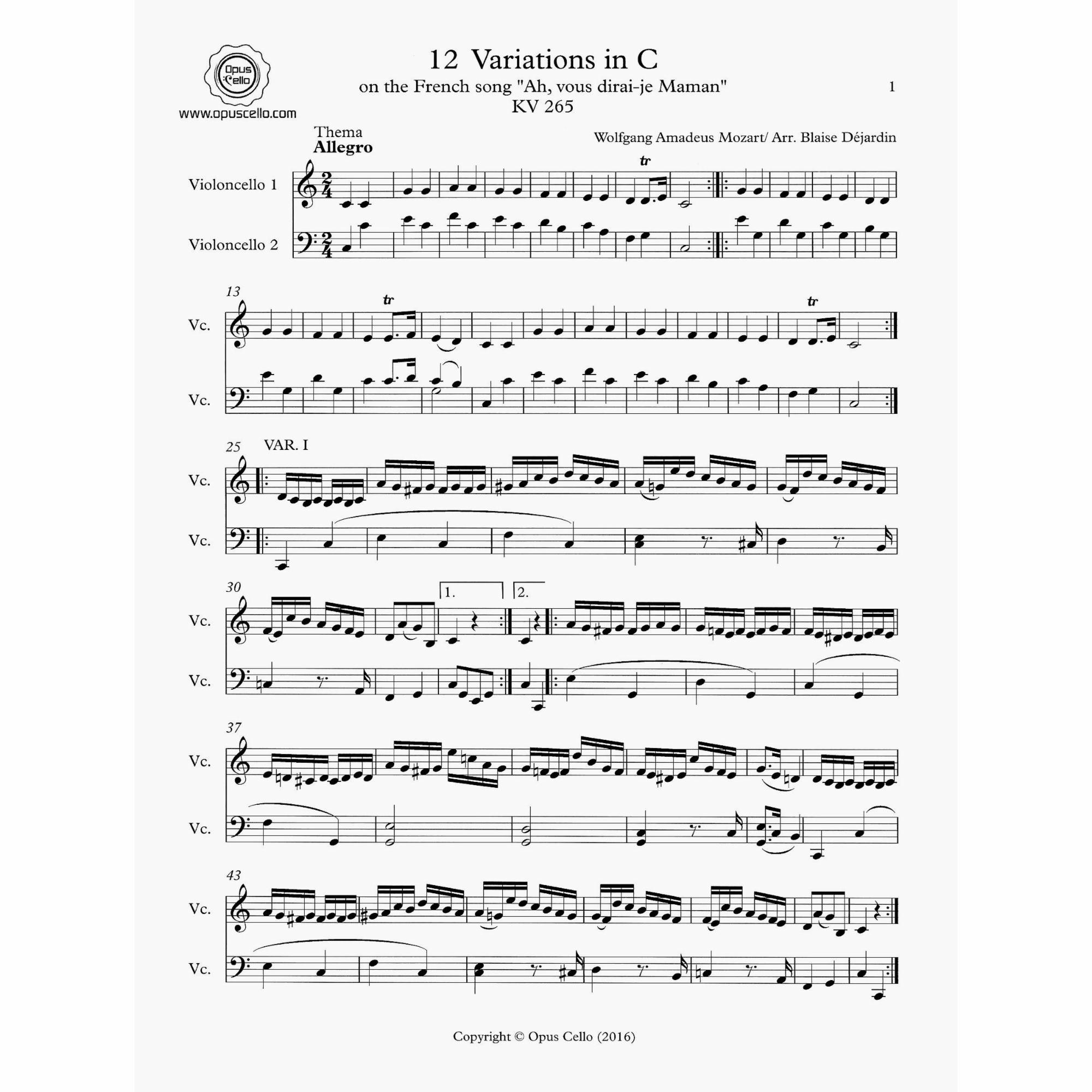 Mozart -- 12 Variations in C for Two Cellos